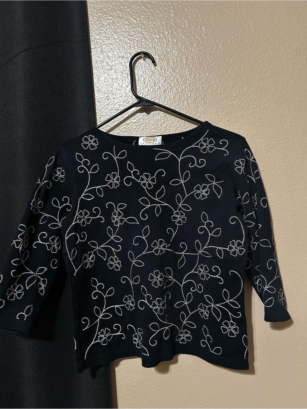Talbots Black Long Sleeve Top with White Floral Embroidery